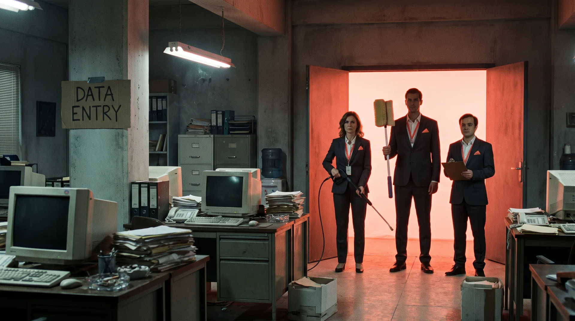 Three consultants in dark suits stand in the coral-lit doorway of a cluttered night office, holding a pressure washer, a giant foam brush and a clipboard.